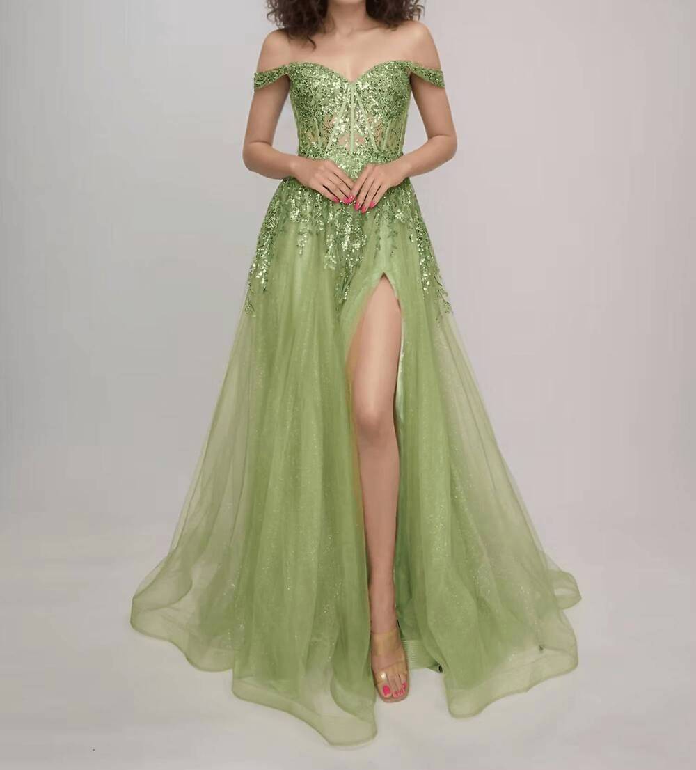NEW NINA CANACCI long glitter formal prom slit dress in sage